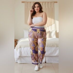 Jolie & Joy Paisley Lounge Pants 1X Plus Purple Gold Satin Smooth Pajama Boho